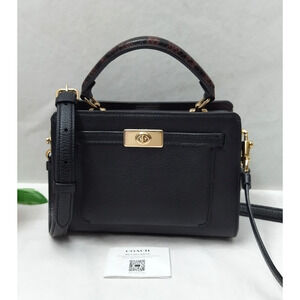 Coach Mini Lane Black Pebbled Leather Snakeskin Detail Top Handle Satchel Bag